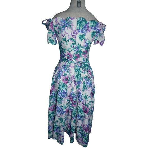 Vintage 80s Expo Petite Cold Shoulder Floral Midi Dress Purple Green Cotton -4 - Picture 7 of 11